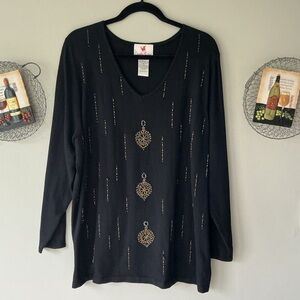 Quacker Factory Black Long Sleeve Top with Gold Embellishments